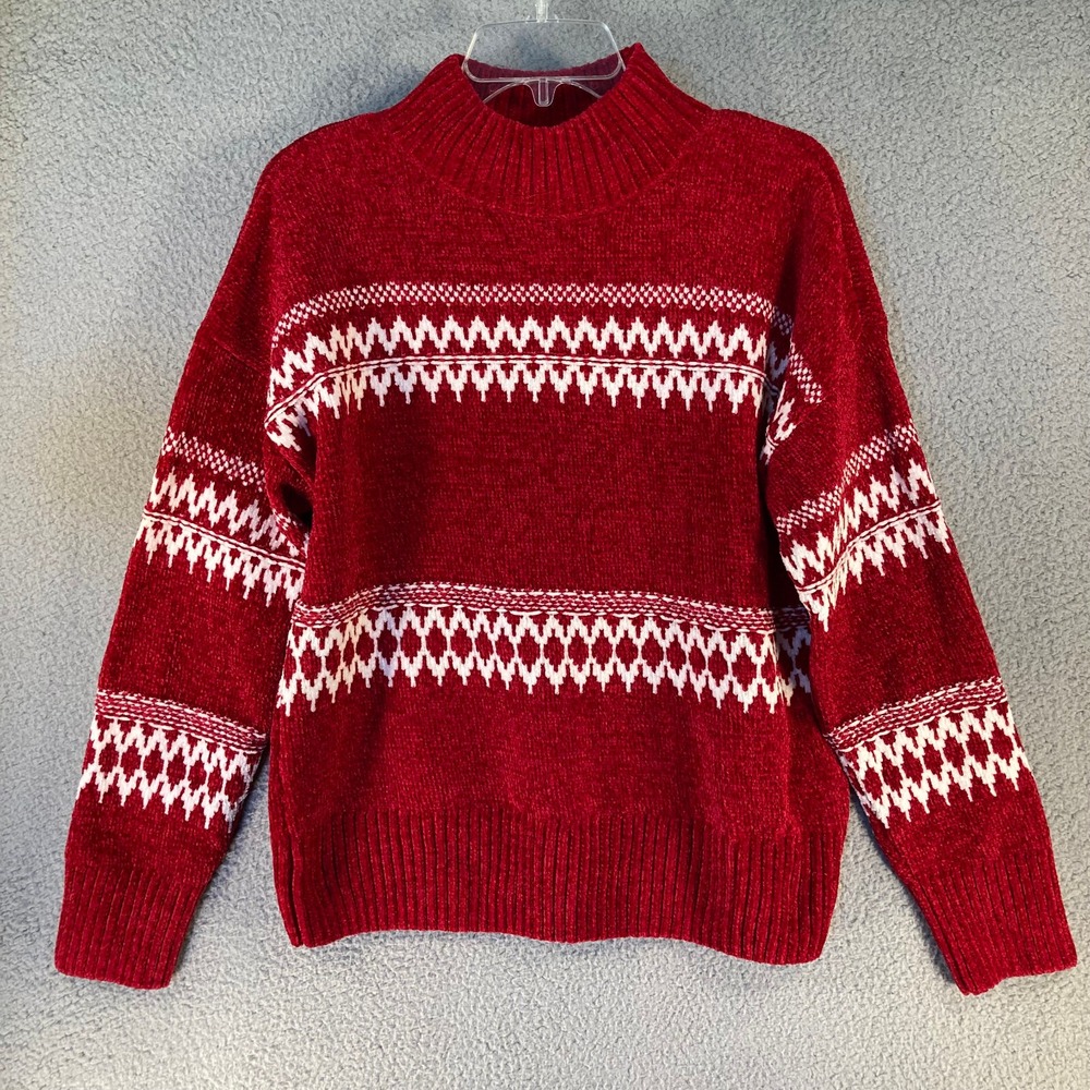 Christian Siriano Sweater Women's‎ Large Red White Velor Knit Long Sleeve